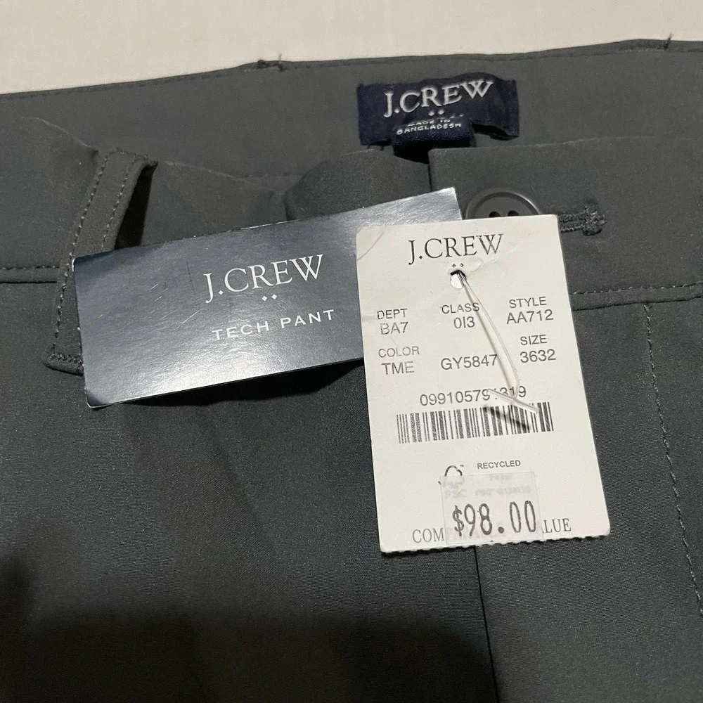 J.Crew Flex Tech Pants Mens 36 X 32 Slim Straight Gray Moisture Wicking NEW